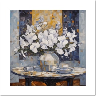 White Phlox and Petunias in Silver Vase Modern Still Life Painting Posters and Art